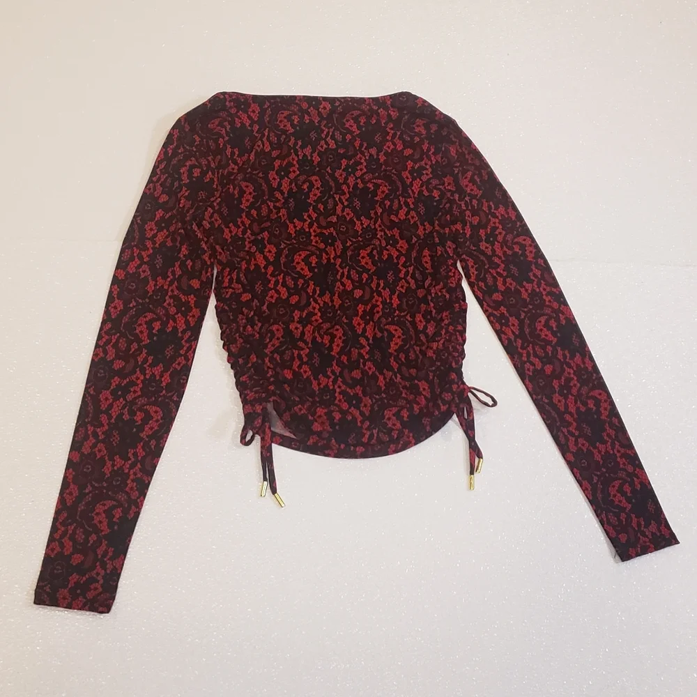 Michael Kors NWT Square Neck Ruched Long Sleeve Top Red Black Lace Print XS